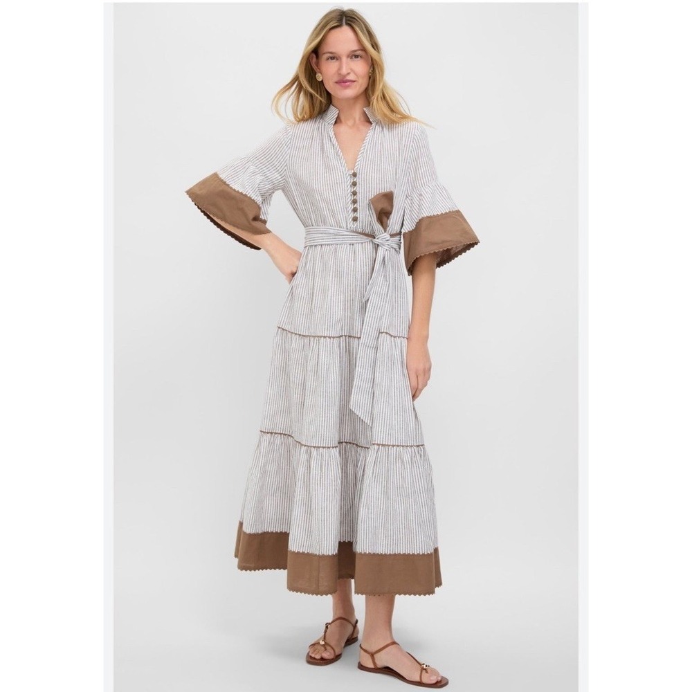 Tuckernuck Tiered Maxi Dress Brown Ivory‎ Striped Linen Blend Split Henley Small